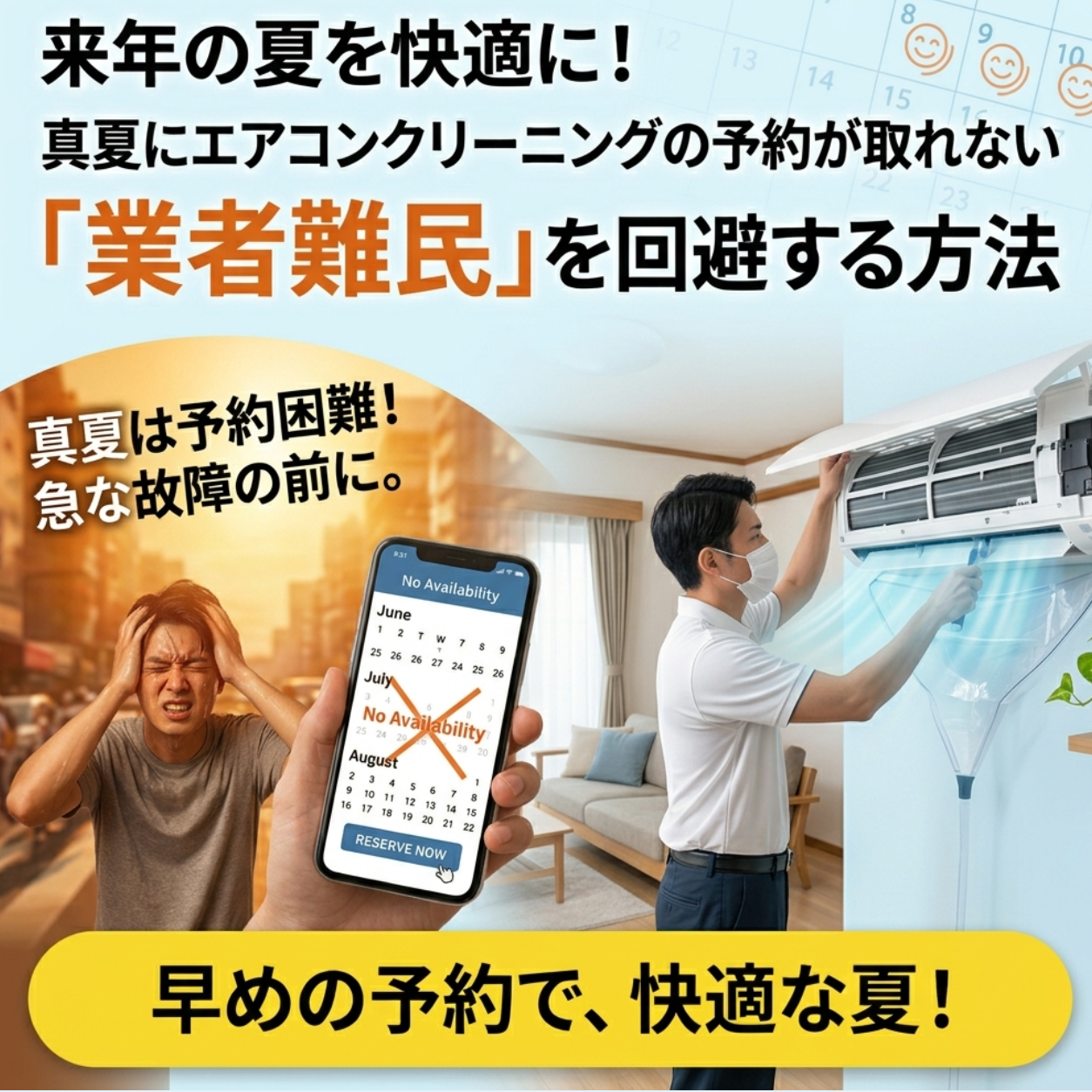 真夏の「予約できない！」を、来年はゼロに。今こそ先回りのエアコンクリーニングで、夏の快適を予約しよう。