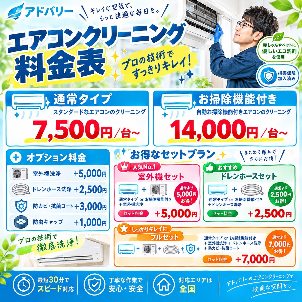 通常タイプからお掃除機能付きまで、料金とメニューを確認