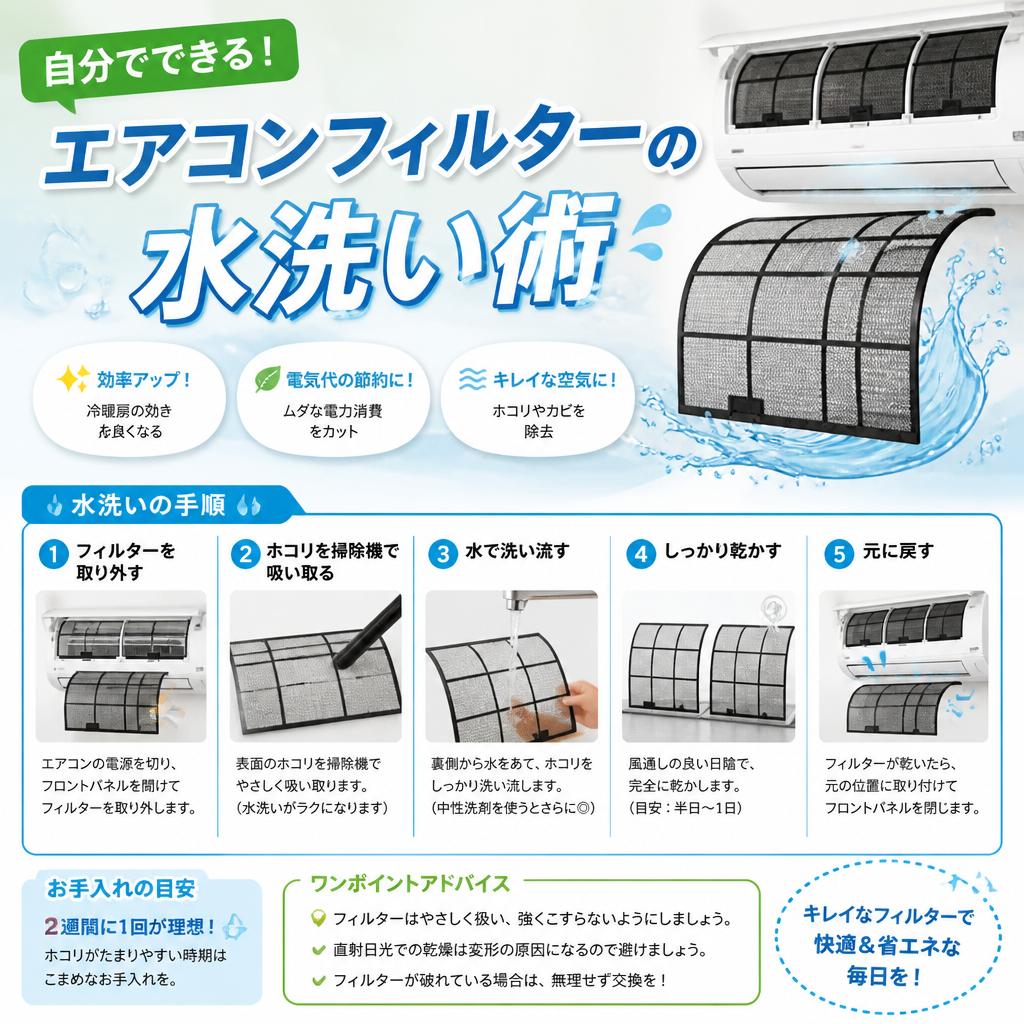 自分でできる！エアコンフィルターの正しい外し方と水洗いの手順