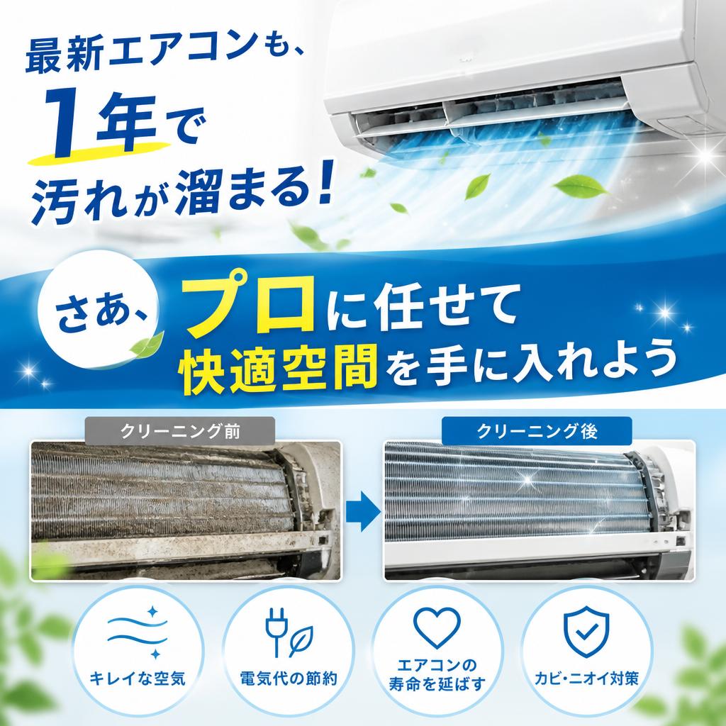 最新エアコンも、1年で汚れが溜まる！さあ、プロに任せて快適空間を手に入れよう