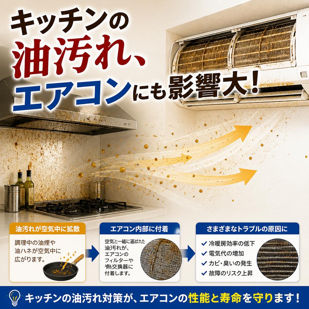 キッチンの油汚れ、エアコンにも影響大！