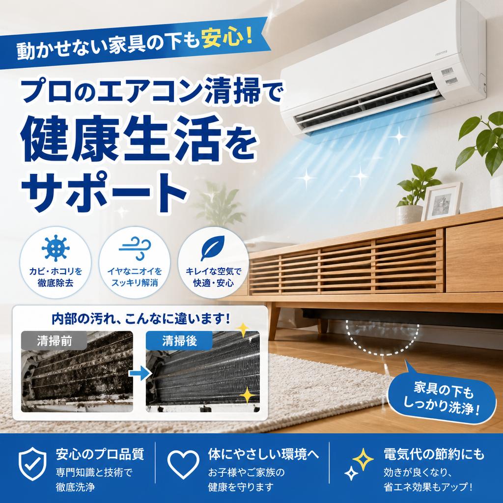 動かせない家具の下も安心！プロのエアコン清掃で健康生活をサポート